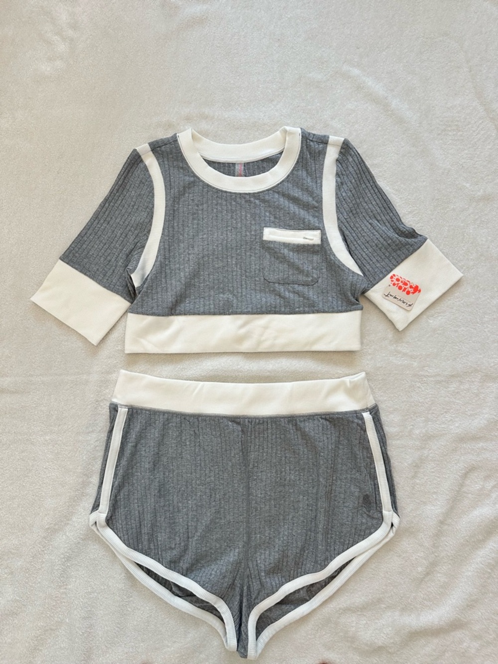 FP Movement by Free People Grey & White Ribbed Lounge Set